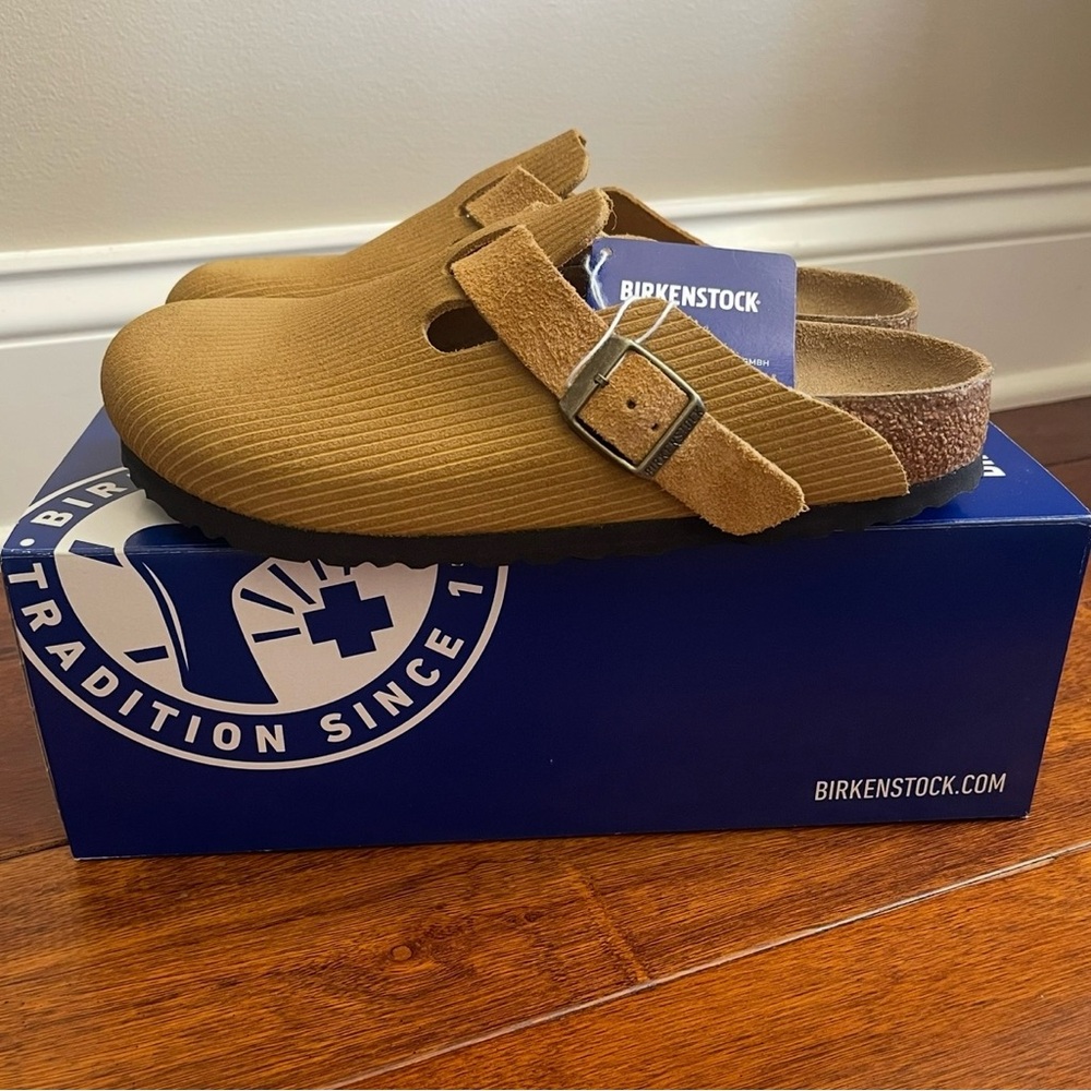 NIB Birkenstock Boston Clog Suede Embossed Corduroy Cork Brown Size 38 Narrow - Picture 5 of 9